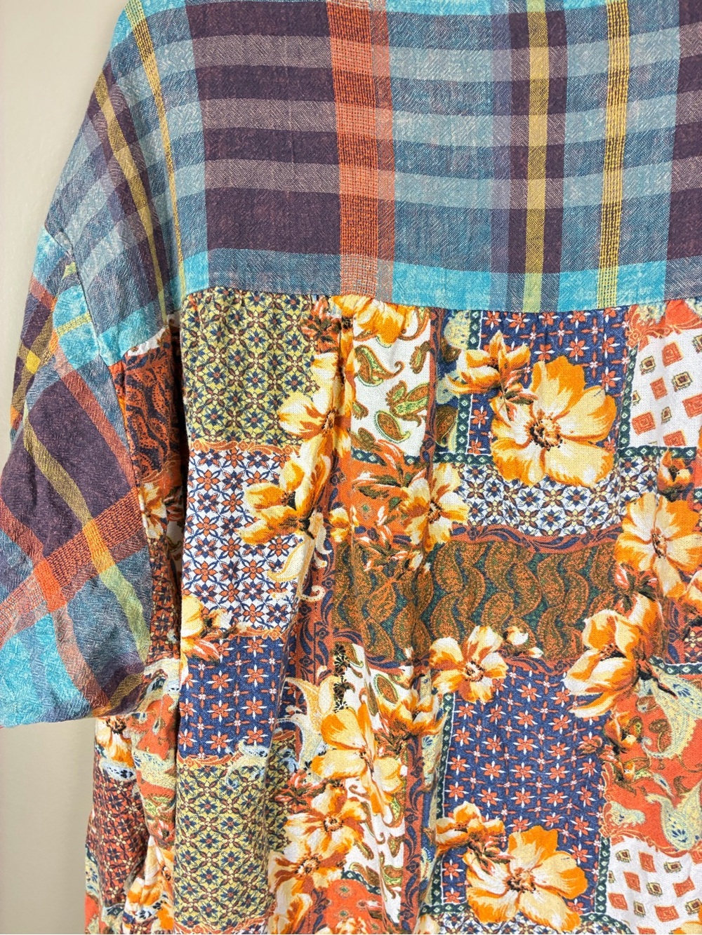 Oil & Hali Floral Patchwork Plaid V Neck Oversized Tunic Dress - Picture 13 of 14